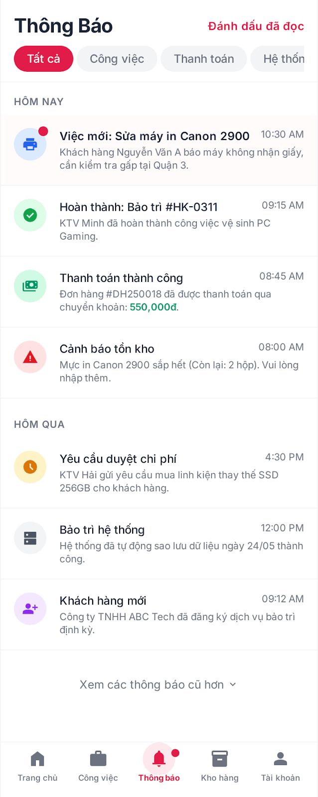 Thông báo, khách hàng và báo cáo