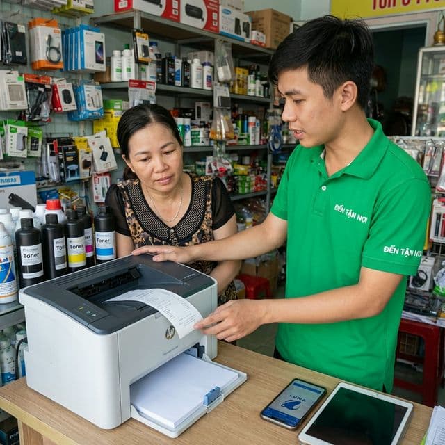 Kỹ thuật viên ĐẾN TẬN NƠI hướng dẫn khách hàng sử dụng máy in sau khi đổ mực