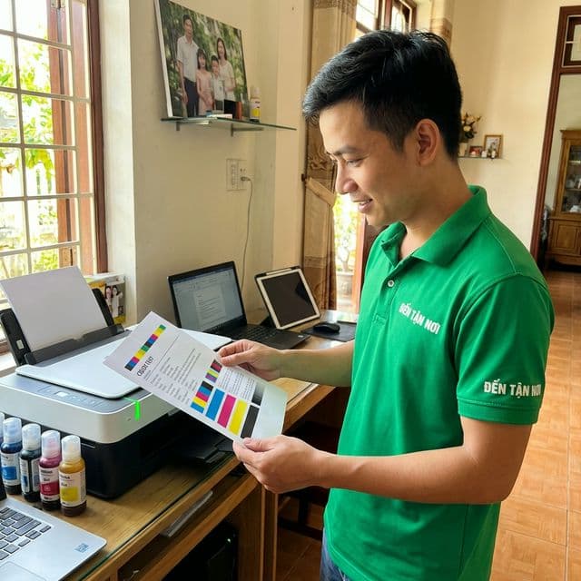 Kỹ thuật viên ĐẾN TẬN NƠI in thử bản kiểm tra màu sau khi đổ mực máy in