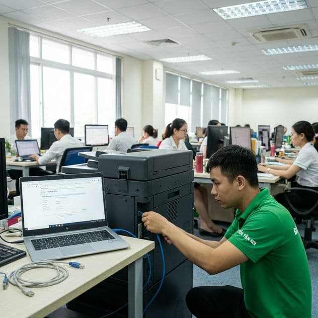 Kỹ thuật viên ĐẾN TẬN NƠI kết nối máy in qua mạng LAN tại văn phòng Đà Nẵng