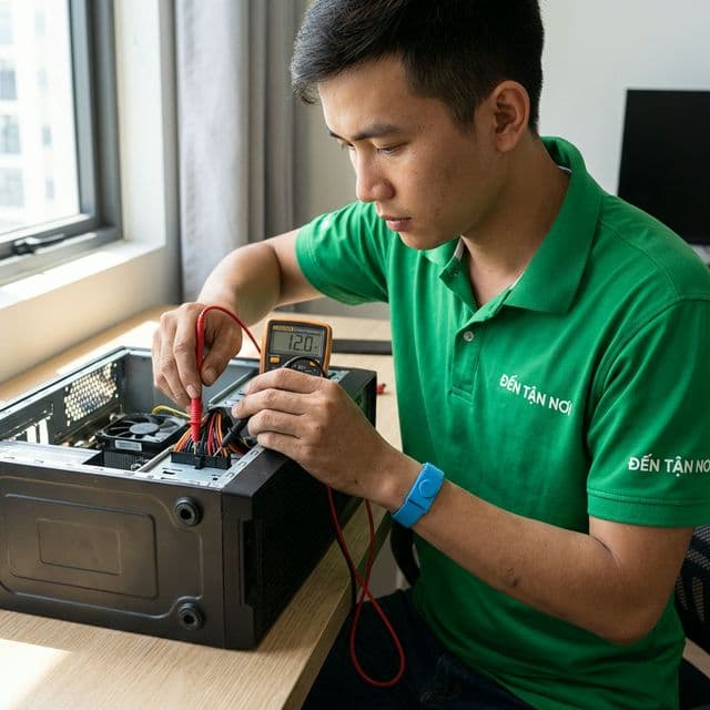 Kỹ thuật viên ĐẾN TẬN NƠI đo nguồn PSU máy tính bàn bằng đồng hồ vạn năng