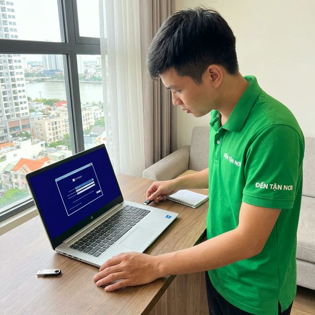 Laptop đang cài đặt Windows với USB boot tại nhà khách hàng