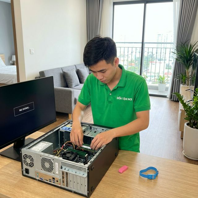 Thợ sửa máy tính kiểm tra mainboard tại nhà khách hàng ở Đà Nẵng